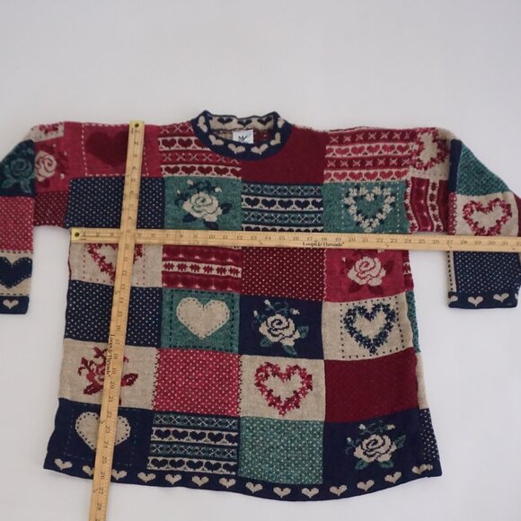 Vintage Maggie Lawrence Patchwork Heart Rose Sweater Tunic Long Sleeve XL - Picture 2 of 11
